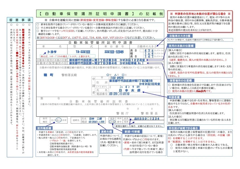 自動車保管場所証明申請書の記載例(警視庁)
