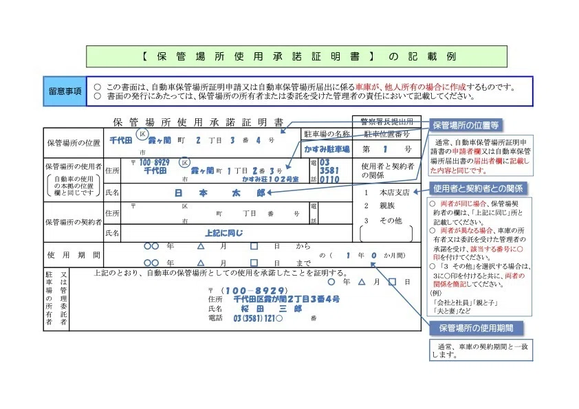 保管場所使用承諾証明書の記載例(警視庁)